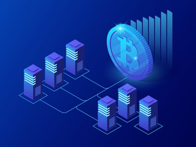Izometryczne koncepcja kryptowaluty i koncepcji Blockchain. Farma do wydobywania bitcoinów.
