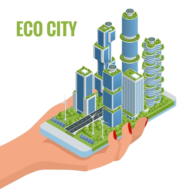 Plik wektorowy izometryczne płaska eko-architektura. zielony wieżowiec z roślinami rosnącymi na elewacji w telefonie. ekologia i zielone życie w mieście, koncepcja środowiska miejskiego.