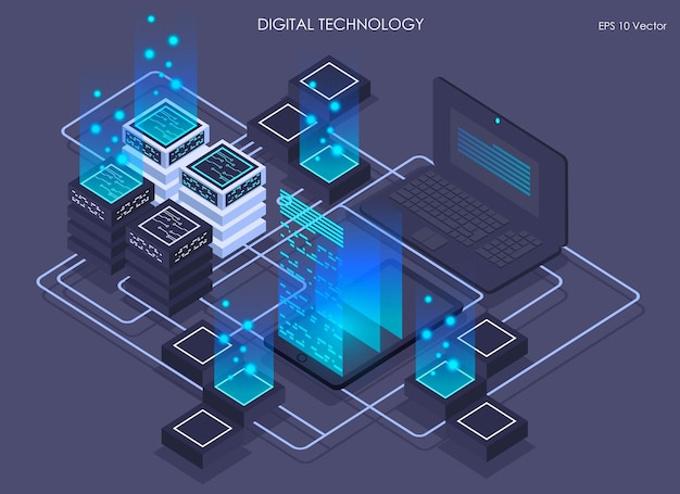 Izometryczne Przetwarzanie I Przechowywanie Informacji Wektorowych W Centrum Danych Koncepcja Kreatywnej Ilustracji Przetwarzania Dużych Danych Z Abstrakcyjnymi Elementami Geometrycznymi