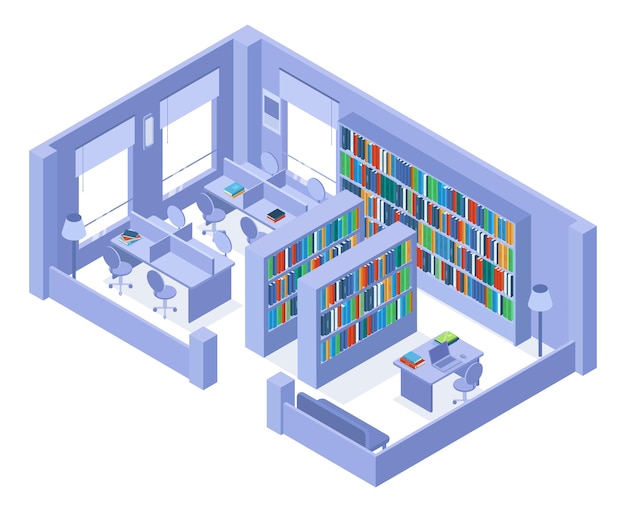 Plik wektorowy izometryczne regały i regały biblioteczne szkolne lub uniwersyteckie. biblioteka college z ilustracji wektorowych książek i regałów. biblioteka izometryczna