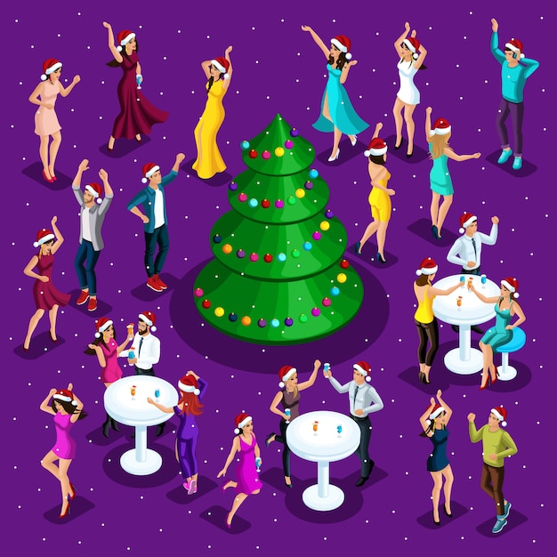 Izometryczne święta Bożego Narodzenia, Taniec, Szczęście Mężczyzny I Kobiety Bawią Się, świąteczna Choinka W Centrum, Impreza Firmowa, Klub Nocny