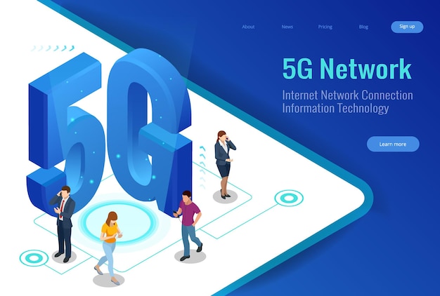 Izometryczne systemy bezprzewodowe sieci 5G i ilustracja wektorowa internet. Sieć komunikacyjna, koncepcja biznesowa.