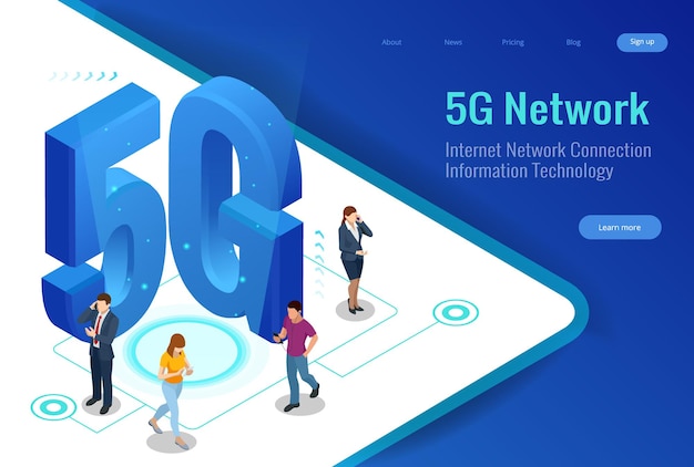 Izometryczne Systemy Bezprzewodowe Sieci 5g I Ilustracja Wektorowa Internet. Sieć Komunikacyjna, Koncepcja Biznesowa.