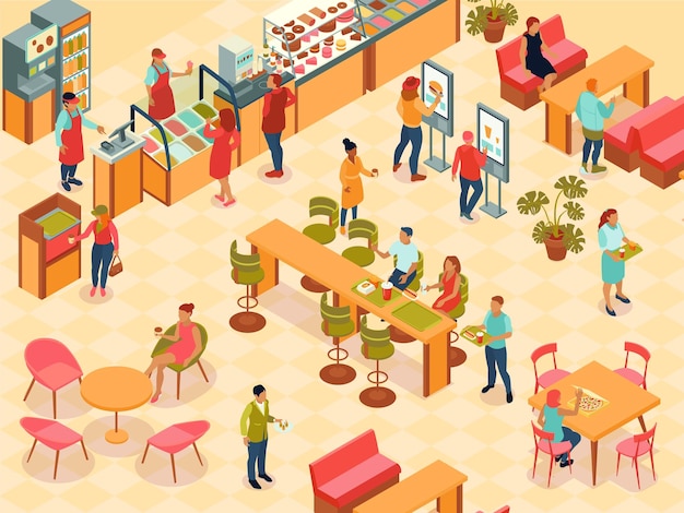 Izometryczne Tło Food Court Z Straganami I Ilustracją Wektorową Jadalni