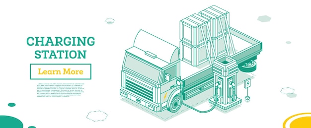 Izometryczny Elektryczny Płaski ładunek Ciężarówki Z Pudełkami Na Stacji ładującej Transport Komercyjny Logistyka Obiekt Miejski Dla Infografiki