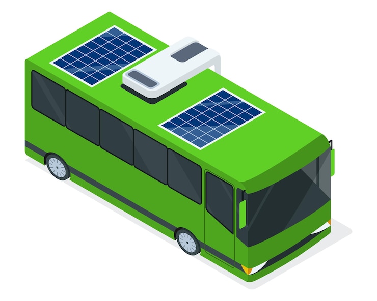 Wektor izometryczny elektryczny transport ekologiczny miejski autobus publiczny stacja ładowania pojazdów z panelami słonecznymi płaska ilustracja wektorowa zasilany energią elektryczną