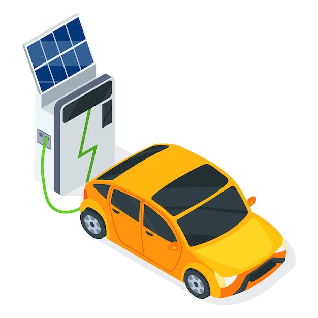 Izometryczny Elektryczny Transport Ekologiczny Stacja ładowania Pojazdów Elektrycznych Z Panelami Słonecznymi Płaską Ilustracją Wektorową Zasilana Energią Elektryczną