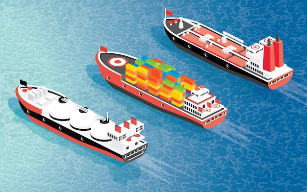 Izometryczny kontener statku towarowego, statek transportowy LNG i tankowiec. Ilustracja wektorowa. Wysyłka Transport towarowy.