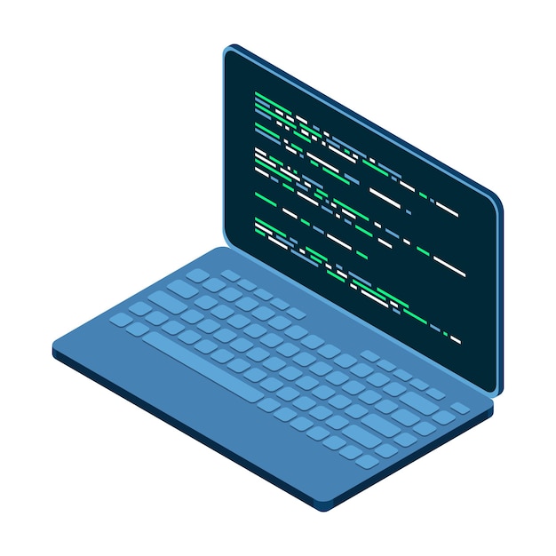 Izometryczny laptop 3d izometryczny komputer przenośny Streszczenie języka programowania i kodu programu na ekranie laptopa Ilustracja wektora