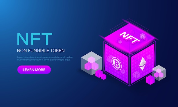 Izometryczny NFT z transparentem wektorowym technologii blockchain. Baner tokenów kryptowalut NFT w przyszłym stylu. Ilustracja wektorowa EPS 10