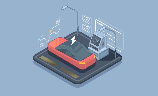 Izometryczny parking elektryczny. Stacja ładująca wektor baner internetowy szablon.
