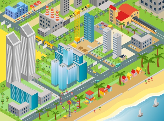 Izometryczny Plan Miasta Z Nowoczesnymi Budynkami I Plażą Z Parkiem Rozrywki