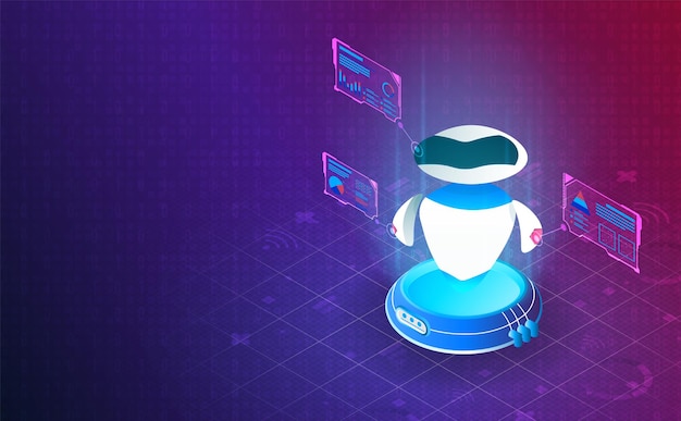 Izometryczny robot na chipie procesora na wektorze i ilustracji siatki systemowej