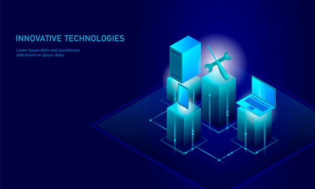 Izometryczny Serwis Naprawy Komputera. 3d Niebieski Płaskie Wsparcie Techniczne śrubokręt Przyszłości Nowoczesnej Technologii Biznesowej Banner. Proces Pc Test Diagnostyczny Infografika Tło Wektor Ilustracja Sztuka