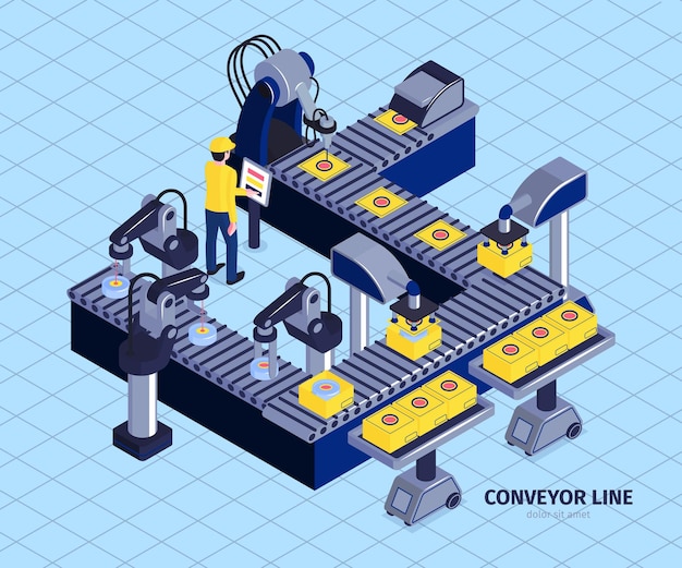 Izometryczny Skład Fabryki Przenośników Automatyzacji Robota Z Obrazem Zautomatyzowanej Linii Montażowej Z Ilustracją Manipulatorów Robotycznych Ramion