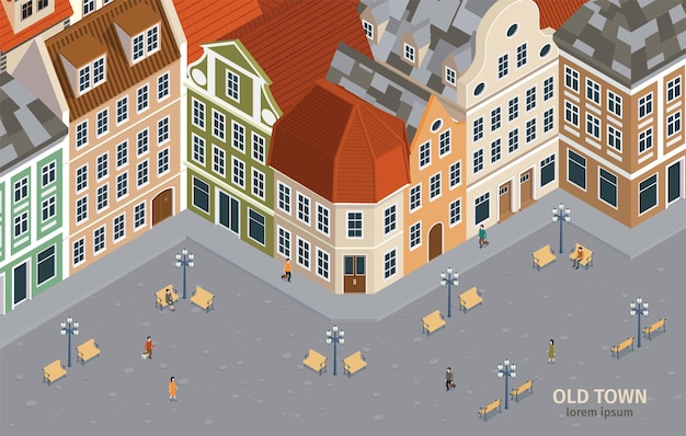 Plik wektorowy izometryczny skład starego miasta z różnymi domami w stylu retro ilustracji