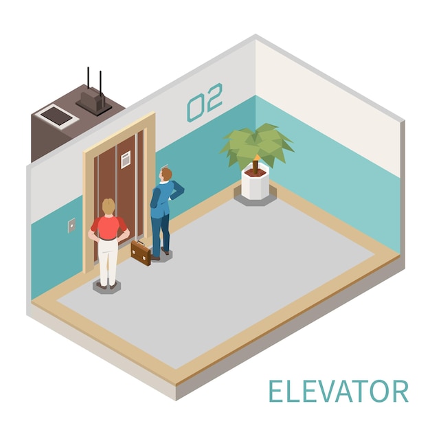 Izometryczny skład z dwoma mężczyznami czekającymi na ilustrację windy