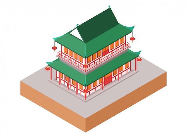 Izometryczny Stary Tradycyjny Chiński Zielony Budynek świątyni Z Tradycyjnymi Lampami