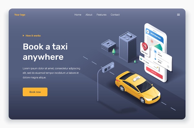 Plik wektorowy izometryczny telefon z szablonem strony docelowej samochodu żółtej taksówki