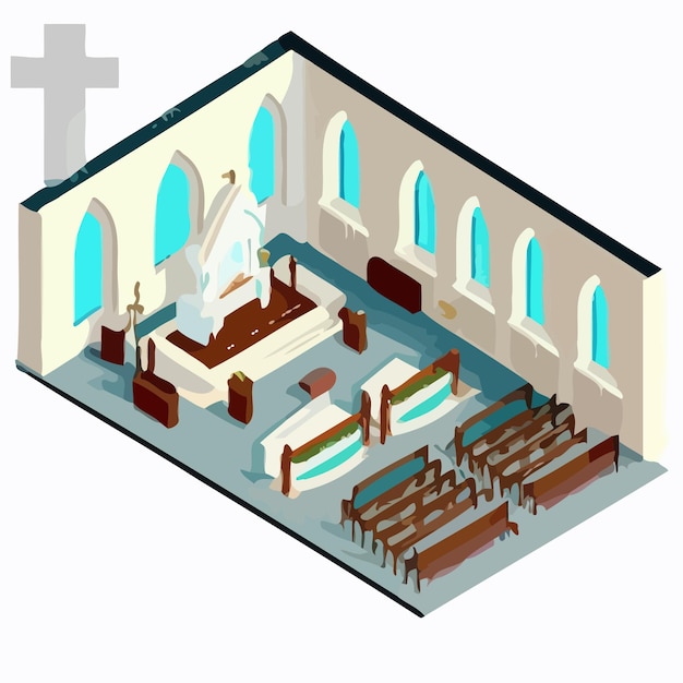 Plik wektorowy izometryczny widok wnętrza kościoła z krzyżem