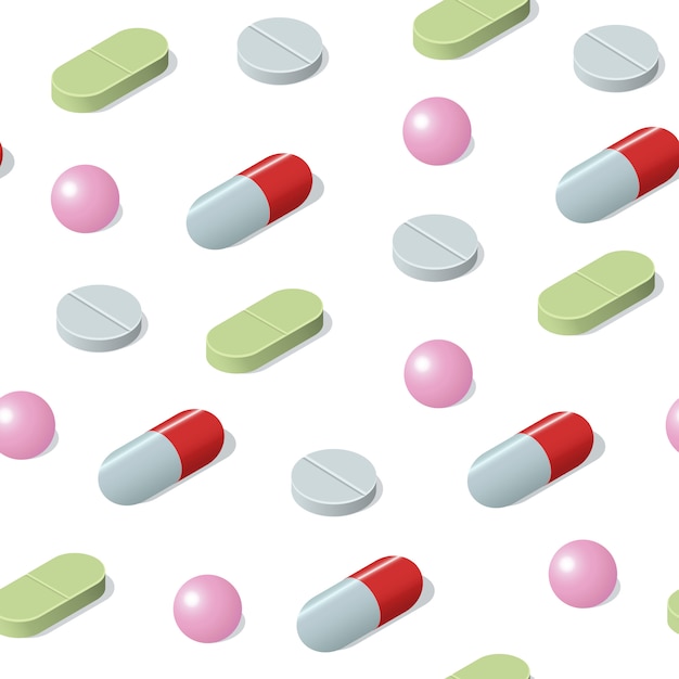 Plik wektorowy izometryczny wzór z różnych medycznych pigułki, tabletki, kapsułki. wykształcenie medyczne.