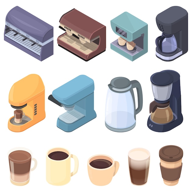 Plik wektorowy izometryczny zestaw ekspresów do kawy i kubków do kawy wektor ilustracja