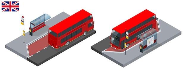 Izometryczny zestaw piętrowy Londyn czerwony autobus i przystanek autobusowy. Zestaw ikon pojazdu Wielka Brytania. Ilustracja wektorowa płaskie 3D. Tradycyjny czerwony Routemaster stał się sławną cechą Londynu.