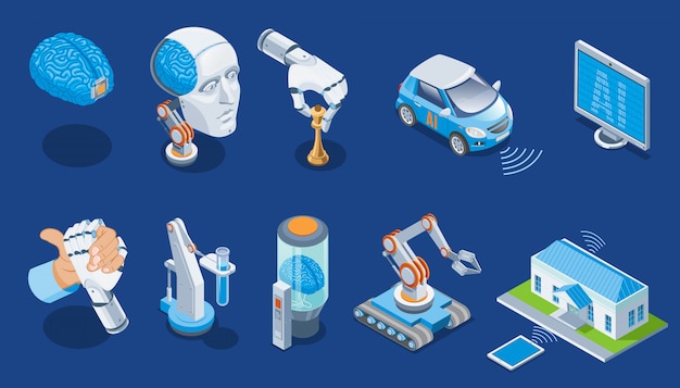 Izometryczny Zestaw Sztucznej Inteligencji Z Ludzkim Mózgiem Ramię Robota Grającego W Szachy Monitor Elektryczny Samochód Medyczne Roboty Przemysłowe Inteligentny Dom Na Białym Tle