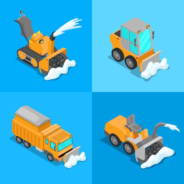 Izometryczny Zestaw Transportowy Do Usuwania śniegu Z Pługiem śnieżnym I Ciągnikiem. Płaskie Ilustracji Wektorowych