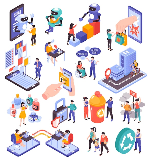Izometryczny zestaw trendów konsumenckich z inteligentną technologią zero odpadów zakupy online 3d na białym tle ilustracji wektorowych