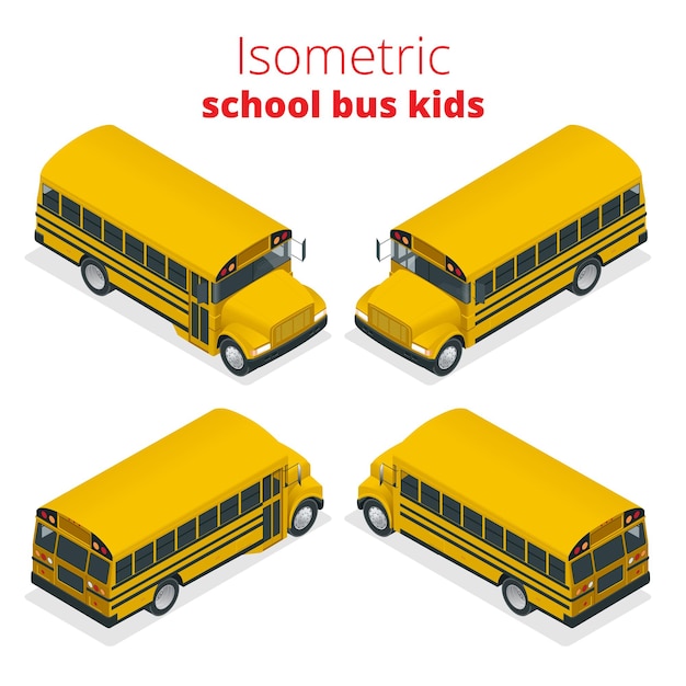 Plik wektorowy izometryczny żółty autobus szkolny dzieci wektor ilustracja na białym tle. uczeń lub student transportu, transport i samochód.