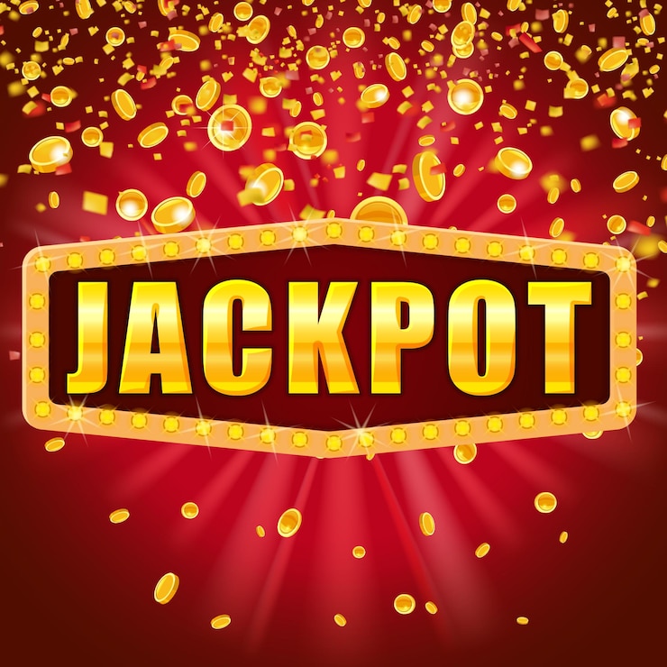 Wektor jackpot słowo lśniący znak retro oświetlony reflektorami spadającymi monetami i konfetti. kasyno loteryjne