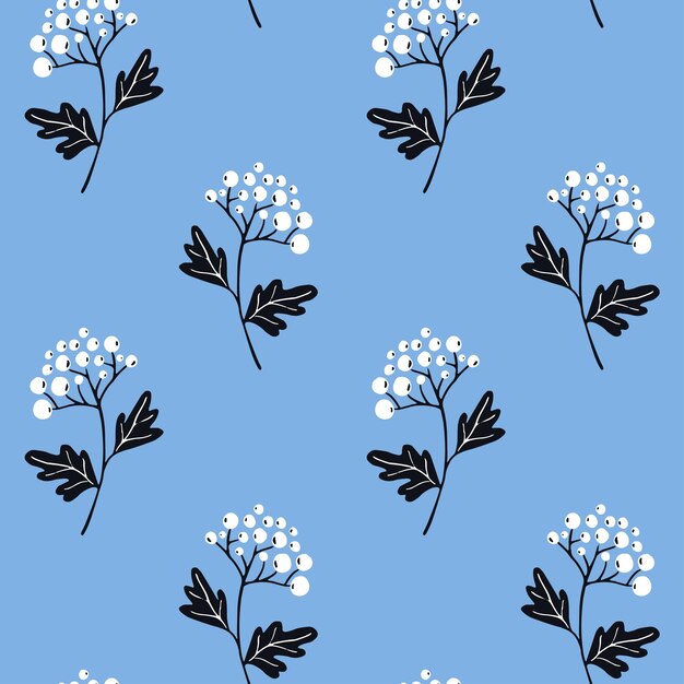Plik wektorowy jagody biały krzew oddział wzór na niebieskim tle. pastelowe tekstury do projektowania tekstyliów, wektor powtarzające się płytki. minimalistyczny skandynawski styl z ręcznie rysowanymi elementami.