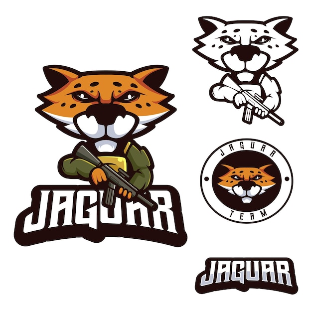 Plik wektorowy jaguar w wojskowym stylu kreskówka zestaw projekt logo maskotki z dużą głową