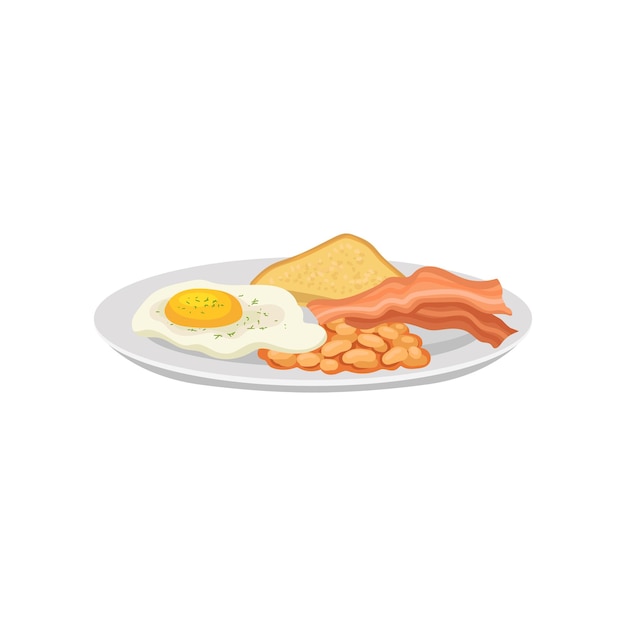 Plik wektorowy jajko sadzone i bekon z fasolą i grzankami na białym talerzu tradycyjne angielskie śniadanie smaczne jedzenie płaski wektor dla menu kawiarni lub restauracji