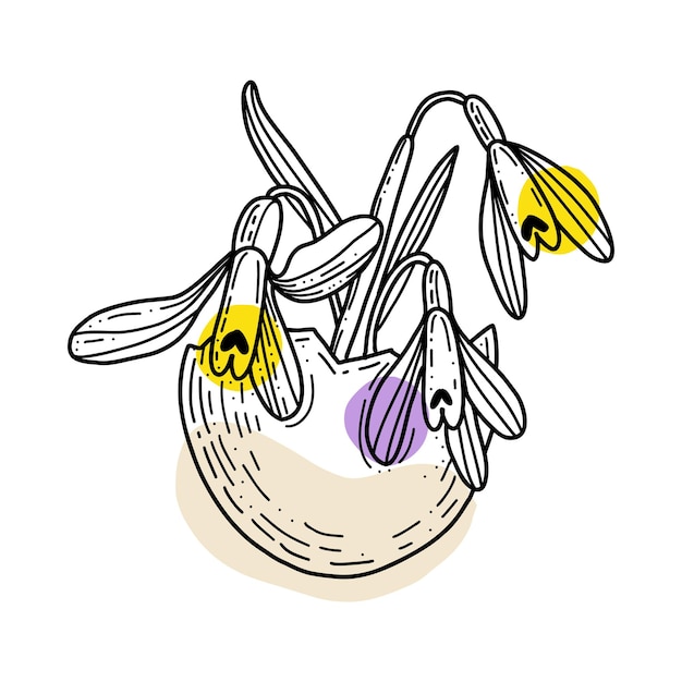 Plik wektorowy jajko wielkanocne z kwiatami śnieżnymi ręcznie narysowany wektor kreskówki trendy wielkanocny projekt