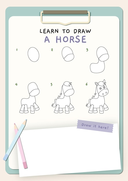 Jak Narysować Konia. Rysowanie Kroków Dla Dzieci. Naucz Się Rysować. Do Druku Dla Dzieci