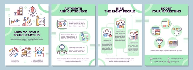 Jak Skalować Szablon Broszury Startowej. Automatyzacja I Outsourcing. Ulotka, Broszura, Druk Ulotek, Projekt Okładki Z Liniowymi Ikonami. Układy Wektorowe Do Prezentacji, Raportów Rocznych, Stron Ogłoszeniowych