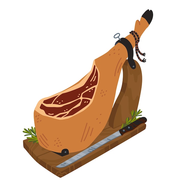 Plik wektorowy jamon udko wieprzowe suszone hiszpańskie z czarnym kopytem na jamonera jamon iberico bellota