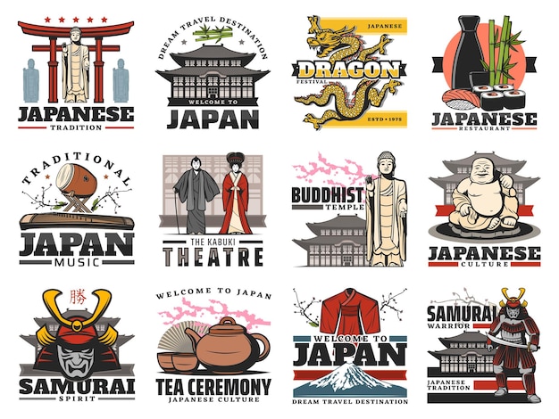 Japonia Ikony Punktu Orientacyjnego Podróży, Jedzenia I Kultury