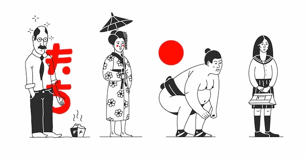 Plik wektorowy japonia. ilustracja kreskówka z ludami azjatyckimi. znaki japońskie, białe tło. mężczyzna, kobieta, zapaśnik sumo, uczennica. styl konturu.