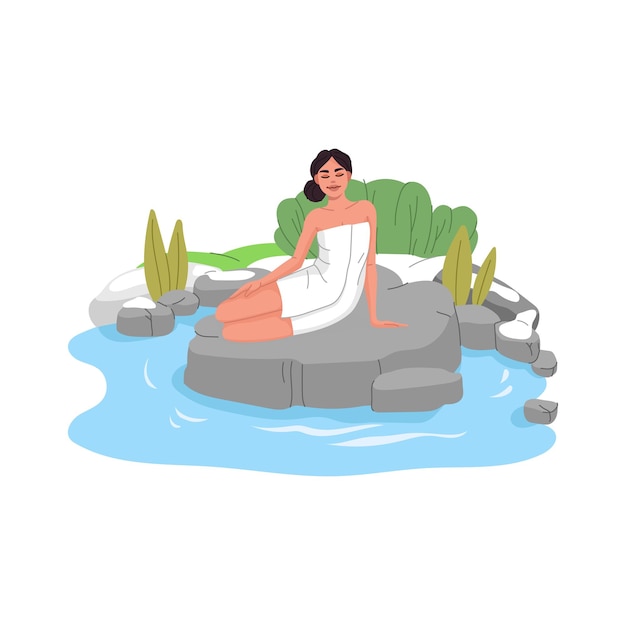 Plik wektorowy japonia onsen kobieta w ręczniku relaksuje się w wiosennej kąpieli