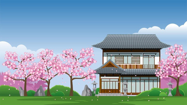 Plik wektorowy japonia tradycyjny dom w sezonie kwitnienia wiśni