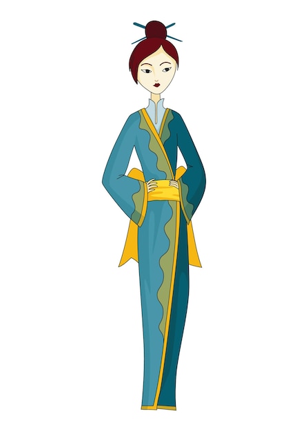 Plik wektorowy japonka stojąca w kimonie kobiety w tradycyjnym stroju pełny portret typowej japońskiej gejszy