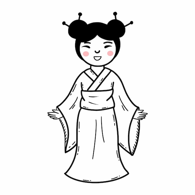 Japońska Dziewczyna W Kimono Piękna Kobieta W Tradycyjnym Stroju Kultura Japońska Vector Doodle Ilustracji Szkic