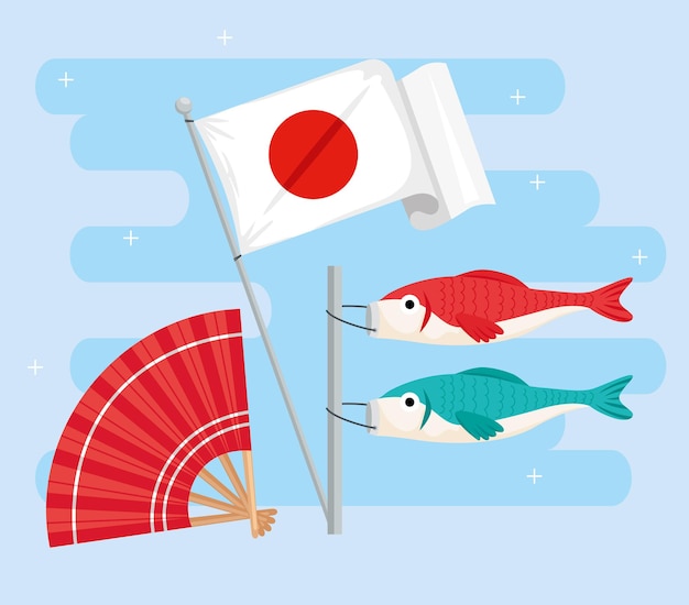 Japońska Flaga Z Wachlarzem I Rybami