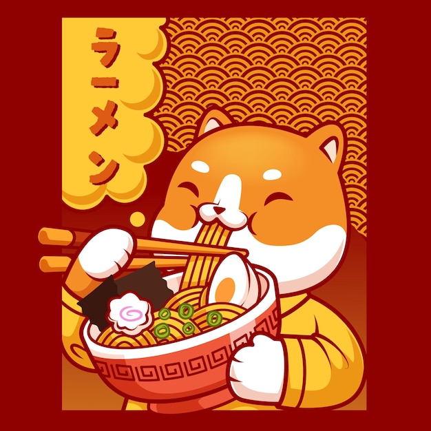 Japońska Kreskówka Shiba Inu Pies Je Ramen Plakat