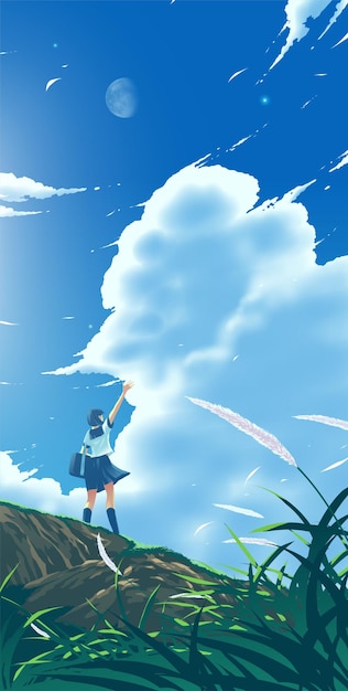 Japońska Licealistka Machająca Na Wzgórzu Pod Błękitnym Niebem Z Księżycem
