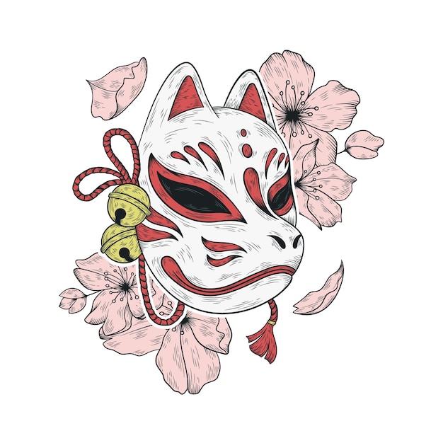 Japońska Maska Kitsune I Ilustracja Kwiaty Sakura