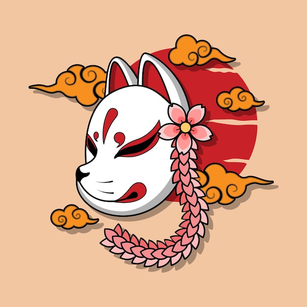 Japońska Maska Kitsune Z Kwiatem Sakura, Ilustracji Wektorowych